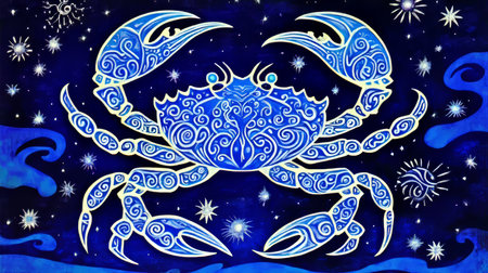 Glowing Zodiac Sign Cancer Astrological Illustration of Blue Crab with Celestial Details,の素材