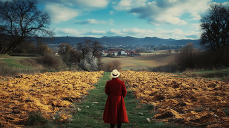Woman in Red Coat Standing on Path Between Plowed Fields, Contemplating the Landscapeの素材