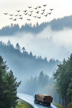 Truck Carrying Lumber on Highway Through a Misty, Mountainous Forest with Birds Soaring Overhead.の素材