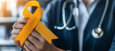 Doctor With Stethoscope Holding Yellow Ribbon, A Symbol of Support and Awareness for Various Cancersの素材