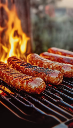 Grilled sausages with a delicious crust on a barbecue grill with flames on a dark backgroundの素材