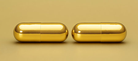 Two Golden Softgel Capsules on Gold Background Minimalist, Premium, and Sophisticatedの素材
