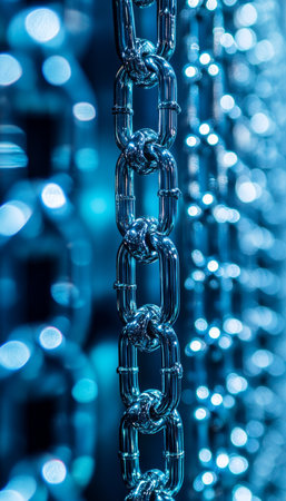 Heavy Metal Chain A Close-up View, Revealing Gleaming, Interconnected Links in Metallic Blueの素材