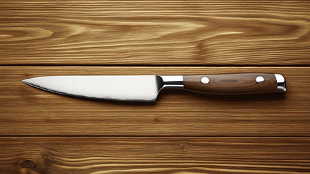 Sharp Chefs Knife on a Rustic Wood Cutting Board, Kitchen Utensil on Wood Backgroundの素材