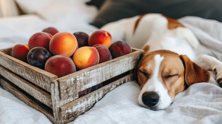 Rustic Charm Peaceful Dog Napping Near Crate of Fresh Peaches and Plums, Rest and Abundanceの素材