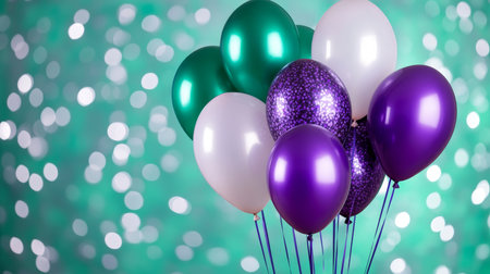 Purple And Green Balloons On Abstract Background, Birthday Party, Celebration Decorationsの素材