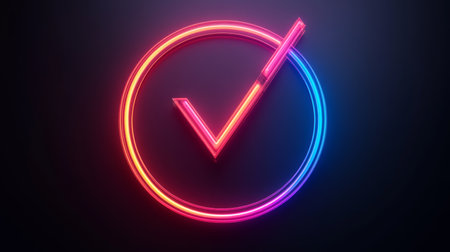 Neon Sign Check Mark Icon Glowing in Vibrant Colors on Dark Background with Copy Space,の素材