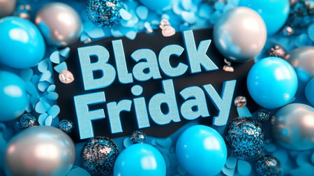 Black Friday Banner With Blue And Silver Balloons, Dynamic Font, and Shopping Elementsの素材
