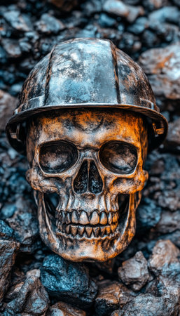 Remains Of A Miner With Hard Hat, A Stark Reminder Of The Dangers In The Mining Industry.の素材
