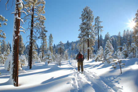 Winter Wonderland Lone Skier Explores Sun-Kissed Forest on Fresh Snow, Leaving Serene Trailの素材