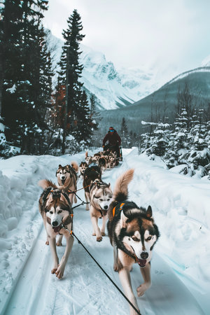 Iditarod Adventure Siberian Huskies Pulling Sled Through Snowy Mountain Valley in Winterの素材