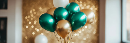 Green, Gold, And White Balloons On A Gold Bokeh Background Festive Celebration Decorの素材
