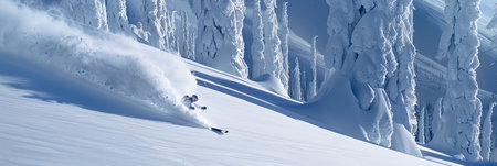 Off-Piste Skiing Adventure Skier Carves Through Pristine Powder in a Magical, Snow-Covered Forestの素材