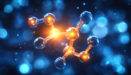 Abstract, Glowing Molecular Structure, 3D Rendered Illustration of Atoms, Bonds, and Energyの素材