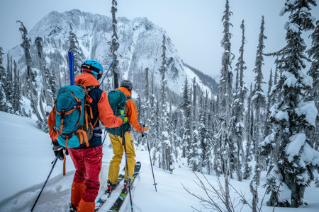 Ski touring adventure Two backcountry skiers ascend a snowy slope, exploring the remote wilderness.の素材