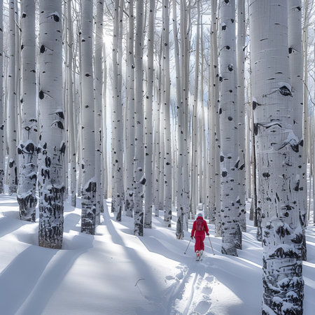 Solitude in the Snow, a Lone Person Exploring a Beautiful, Sun-Kissed Aspen Grove in Winter.の素材