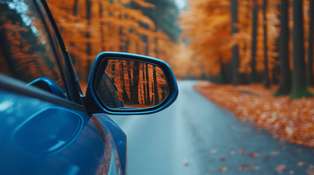Reflection of Autumn. Scenic Country Road Winding Through Vibrant Woods, Seen In Cars Side Mirror.の素材