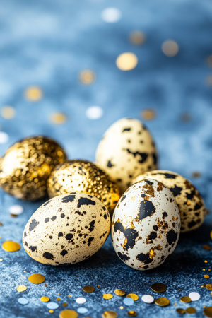 Quail Eggs, Speckled, Golden Decor, Festive, Spring Celebration, Blue Background, Confettiの素材