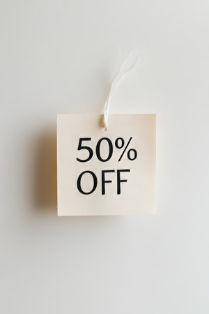 Ivory Square Discount Tag with String Offering 50 Off, Isolated on a Clean White Background.の素材