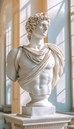 Elegant White Marble Bust Bathed in Soft Natural Light, Emphasizing Texture and Shadow Playの素材