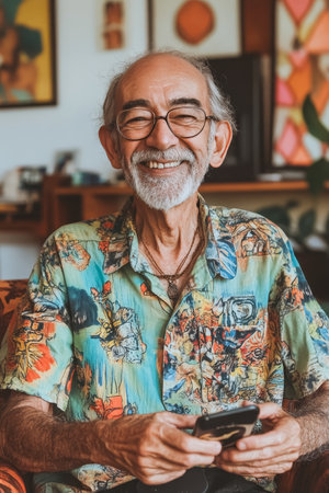 Happy Senior Man Browsing on Smartphone, Enjoying Retirement in Cozy Living Room Ambiance.の素材