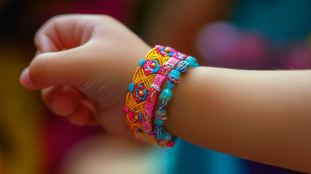 Colorful Handmade Friendship Bracelets Adorn a Child s Wrist, Symbolizing Joy and Connectionの素材