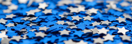 Sparkling Silver Star Confetti Scattered on a Rich Cobalt Blue Background, Festive Holiday Textureの素材