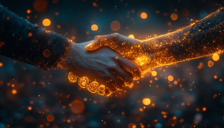 Glowing Digital Handshake Deal in Technology, Finance, Cryptocurrency, Investment, and Wealthの素材