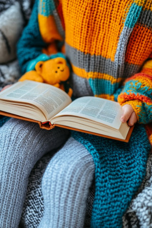 Child in Vibrant Knitwear Immersed in a Captivating Book, Embracing Cozy Autumn Vibesの素材