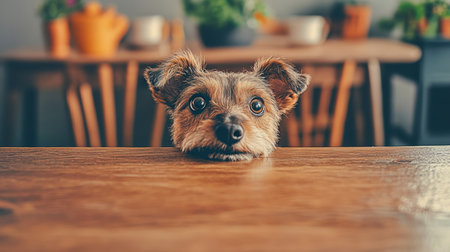 Cute Dog with Big Eyes Peeking Over Table, Curious Puppy Looking Up, Adorable Pet at Homeの素材