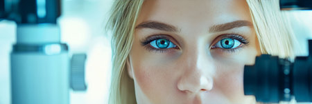 Woman Undergoing Modern Eye Exam With Slit Lamp For Cataract Awareness Month, Ophthalmology Conceptの素材