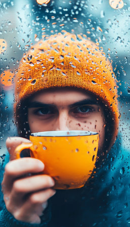 Cozy Rainy Day Man in Yellow Beanie Enjoying a Warm Drink Behind a Rain-Streaked Windowの素材