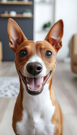 Happy Smiling Basenji Dog Close-up Portrait, Isolated on Blurred Indoors Background. Space for Textの素材