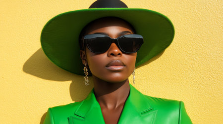 Stylish Woman in Green Suit, Wide-Brimmed Hat, and Sunglasses Against a Vibrant Yellow Wallの素材