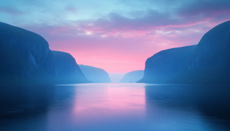 Misty Morning Tranquility A Serene Lake Reflecting Pastel Skies, Flanked by Majestic Mountainsの素材