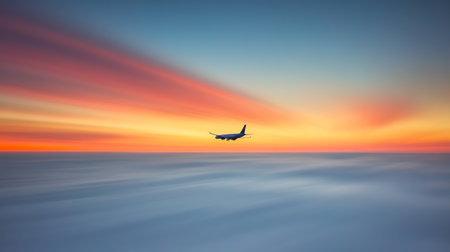 Airplane Soaring at Sunset Vibrant Colors, Travel, and Transportation, Cinematic Backgroundの素材