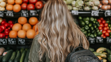 Woman with long blonde hair choosing fresh produce in supermarket, view from the backの素材