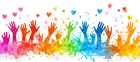 Vivid Celebration of Love, Diversity and Unity Hands Unified Against Colorful Watercolor Splashesの素材