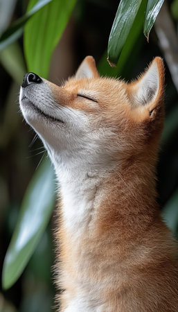 Cute Fox Cub Portrait, Beautiful Red Fox, Close Up Fox Cub Posing in The Green Forestの素材