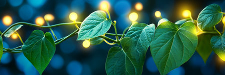 Enchanting Elegance Glowing Vine with Illuminated Leaves and Delicate Lights Under Night Skyの素材
