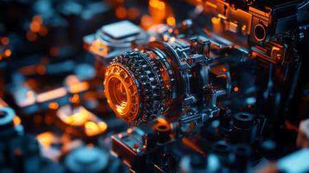 Intricate Engineering Close-Up of Industrial Machinery With Vibrant Lights and Selective Focusの素材