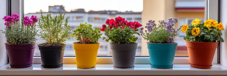 Colorful Potted Flowers on Windowsill Brightening Up an Urban Home with Nature s Beauty.の素材