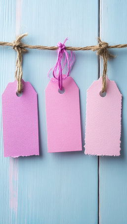 Three Pastel Pink Sale Tags Hanging on a Clothesline Against a Blue Wooden Backgroundの素材
