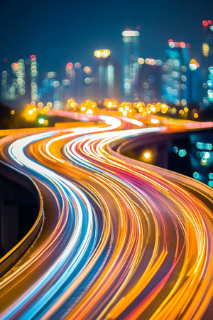 Urban Highway at Night, Transportation and Logistics Background, Long Exposure Light Trailsの素材