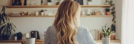 Woman With Long Blonde Hair Working Remotely From Home Office In Virtual Meeting, Back Viewの素材