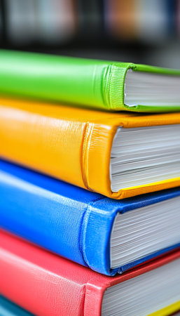 Stack of Colorful Hardback Books, Close-Up, School Supplies, Back to School, Education Backgroundの素材