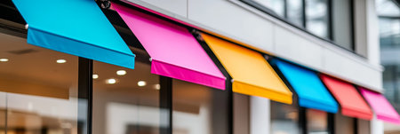 Brightly Colored Awnings On Storefronts Create Cheerful Retail Background, Shallow Depth Of Fieldの素材