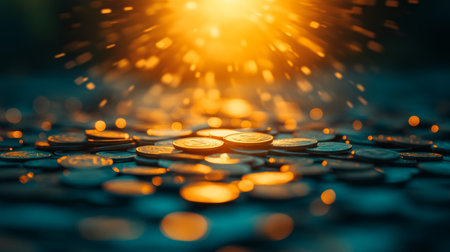 Golden Glow Over Coins, Representing Financial Abundance and a Bright Future For Investing.の素材
