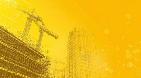 Dynamic Construction Background, Urban Development, Bright Yellow Sketch Of Cranes And Scaffolding,の素材