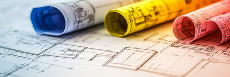Abstract Architectural Blueprints and Construction Plans in Bright Colors, Softly Blurredの素材